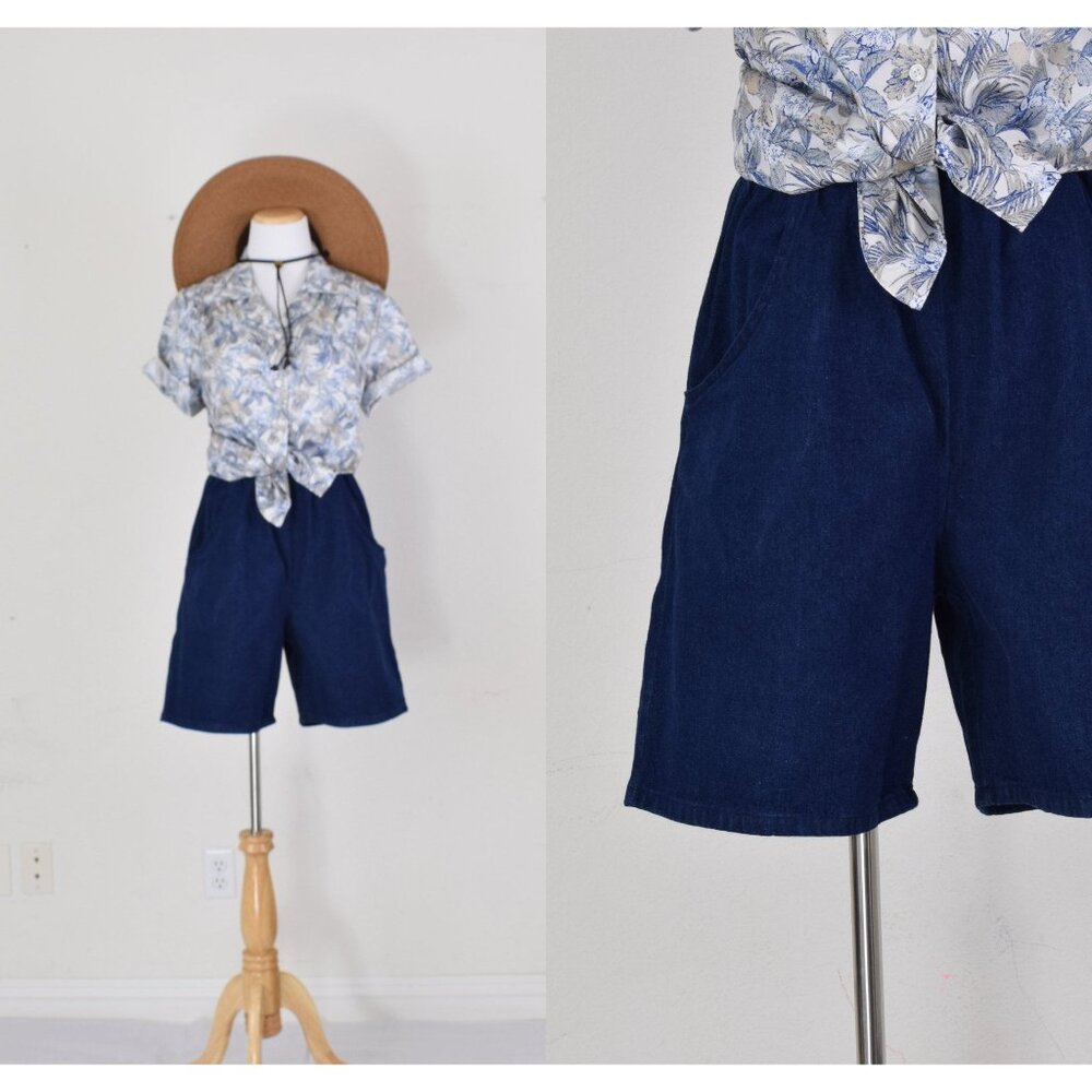 Vintage Gathered Waist Blue Denim Shorts size 8‎